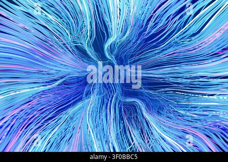 abstrakter futuristischer Hintergrund aus leuchtenden blauen und violetten Datenströmen, die von einem zentralen Punkt nach außen platzen und Geschwindigkeit, Verbindung und Digitales symbolisieren Stockfoto