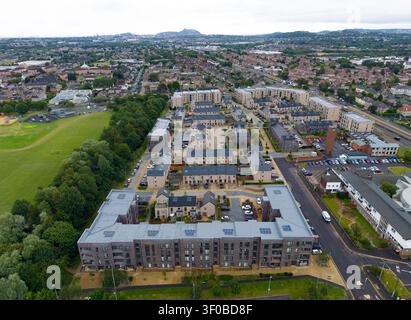 Luftaufnahme des modernen Wohnsitzes in Sighthill in Edinburgh, Schottland, Großbritannien Stockfoto