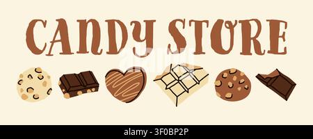 Horizontale Banner-Vorlage für Candy Store mit handgezeichneten Pralinen und Cookies im minimalistischen Doodle-Stil für Werbung Stock Vektor