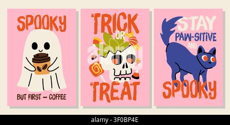 Niedlicher Halloween-Geist, Schädel und gruselige Katze Hand gezeichnet Vektor-Poster Set Stock Vektor