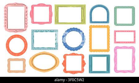 Set handgezeichneter Kinderfotorahmen. Portoversand mit Muschelrand. Vektorstempel auf anderer Form. Vorlagendesign für Text oder Illustrationen. Stock Vektor