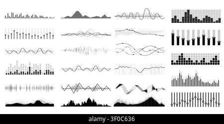 Vektor-Set Musik-Equalizer, Schallwellen eingestellt. Digitale Audio-Equalizer-Technologie, Konsolenkonsole, Pulse Musical. Audio Wave-Musik-Animation. Stock Vektor