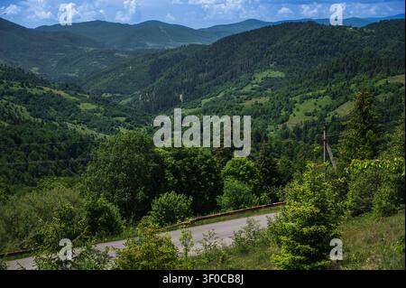 Weite Ansicht eines grünen Tals, umgeben von Bergen unter einem blauen Himmel. Landschaftliche Landschaft, Wanderziel und Sommerreise. Stockfoto
