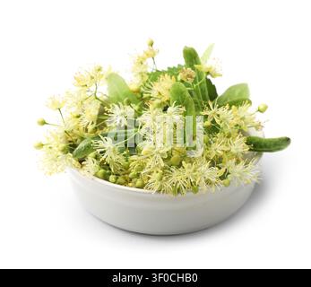 Linden blüht und Blätter in Schüssel isoliert auf weiß Stockfoto