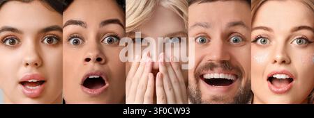 Collage von verschiedensten überraschten und glücklichen Gesichtern Stockfoto