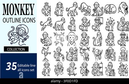Eine Sammlung von 35 bearbeitbaren Strichzeichnungen-Affenumriss-Ikonen, die verschiedene Cartoon-Affen in verschiedenen Posen und Aktivitäten darstellen. Stock Vektor