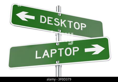 Desktop- und Laptop-Straßenschilder mit gegenläufigen Pfeilen. 3D-Darstellung isoliert auf weißem Hintergrund Stockfoto