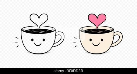 Niedliche Kaffeetassen mit Herz-Dampf, Vektorillustration. Handgezeichnetes lächelndes Kaffeetassen-Set. Romantische Teetassen-Illustration für Valentinstag, Liebe, Café Stock Vektor