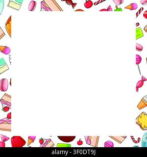 Bunte Vektorillustration von Süßigkeiten, die einen quadratischen Rahmen auf weißem Hintergrund bilden. Stock Vektor