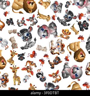 Flache Vektorillustration von verschiedenen Babywildtieren, die in einem dichten wiederholten Muster angeordnet sind. Stock Vektor