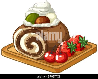 Vektorillustration eines Schokoladenschaumrolls mit Sahne, Erdbeeren und Kirschen auf Holz Stock Vektor