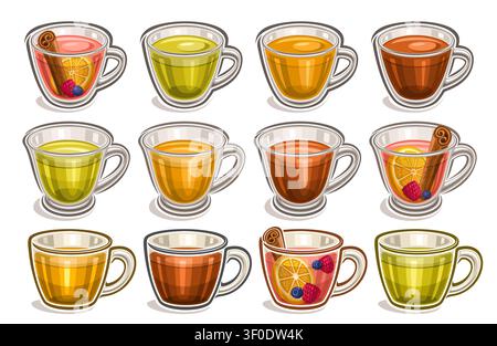 Vektor-Tassen-Set, große Sammlung von ausgeschnittenen Illustrationen bunter Teetassen für die Teezeremonie, Gruppe verschiedener Heißgetränke in klaren Tassen und Glas Tasse Stock Vektor