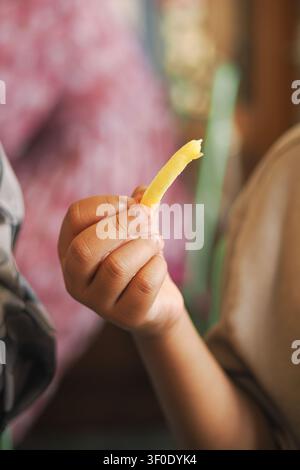 Nahaufnahme einer Hand, die eine einzelne, goldbraune Pommes frites hält Stockfoto