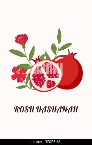 Rosh-Hashanah-Design mit Granatapfel, Blumen und Blättern, mit festlicher Textdarstellung Stock Vektor