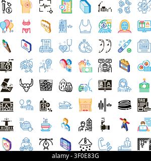 Große Sammlung von bunten Doodle-Stil-Ikonen, die verschiedene Konzepte aus Wirtschaft, Finanzen, Gesundheit, Medizin, Technologie, Essen und Lifestyle Stock Vektor