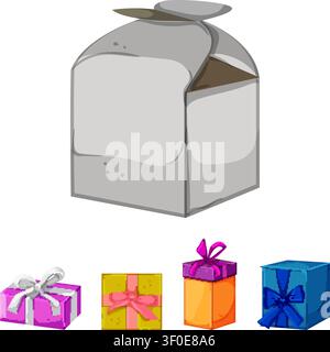 Eine Auswahl wunderschön verpackter Geschenke mit einem unzustellbaren Behälter zum Mitnehmen und drei verschiedenen kleineren Boxen, die Themen von Celebrati vermitteln Stock Vektor