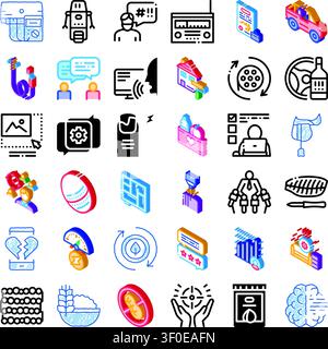 Symbole, die verschiedene Themen veranschaulichen, von Kommunikation, Gesundheit und Technologie bis hin zu Business, sozialen Interaktionen und abstrakten Konzepten Stock Vektor