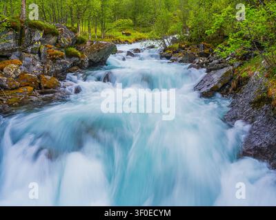 Der wilde Kvina-Fluss fließt durch das malerische Kvignadal-Tal in der Gemeinde Lærdal im Fylke Vestland, Norwegen. Er liegt entlang des spektakulären Aurlan Stockfoto