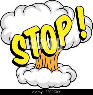 Comic-Buch-Retro-STOP-Worttext atomare Pilzwolke Bombe nuklearer Knall Bumm Explosion weiß grau Warnung Halt Pop-Art-Aufkleber Decal. Für Miniaturansichten, Gami Stock Vektor