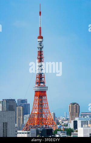 Tokyo Tower erhebt sich über der Skyline von Minato, gesehen aus dem Stadtteil Shiba, Tokio, Japan. Das Bild fängt den ikonischen rot-weißen Tokyo Tower ein, wie er stehend Stockfoto