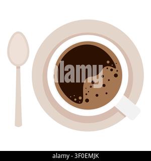 Oberansicht Kaffeebecher Vektorillustration Schwarzer Kaffee Schaumblasen Flaches Design Tasse mit Untertasse und Löffel Von oben Warmgetränkesymbol Stock Vektor