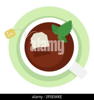 Oberansicht Minztee-Tasse mit Teebag-Vektorillustration Frische grüne Blätter Kräuter-Mischung Flaches Design Teetasse mit Untertasse Von oben Warmgetränke-Symbol Stock Vektor