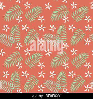 Tropisches nahtloses Muster mit grünen Farnblättern und weißen Plumeria-Blüten auf terrakottafarbenem Hintergrund. Stockfoto