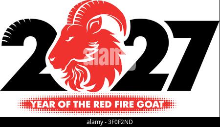 Frohes neues Jahr 2027. Jahr des roten Feuerzocks, Zeichnung einer Ziegenkopf-Silhouette und der Zahlen 2027 für Poster, Broschüre, Banner, Einladungskarte. Vektor auf Tra Stock Vektor