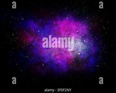 Digitale Illustration eines lebendigen Tiefraumnebels mit leuchtendem kosmischem Staub in Schattierungen von Lila und Blau, umgeben von einem sternenübersäten Nachthimmel. Stockfoto