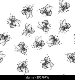 Nahtloses Muster Bumblebee-Strichzeichnung, die ein flauschiges Bestäuberinsekt in einem detaillierten, handgezeichneten Vintage-Skizzenstil zeigt, der die Natur repräsentiert Stock Vektor