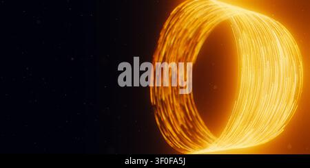 Goldener kreisförmiger Lichttunnel und schwarzes Loch-Portal. 3D-abstrakter Quantenwirbel mit magischen Partikeln. Stockfoto