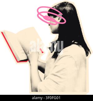 Halbton-Frau liest eine Buch-Collage-Vektorillustration Stock Vektor