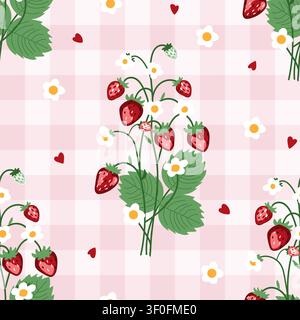 Erdbeerpflanze mit Früchten, Blüten und Herzen nahtloses Muster. Gingham-Vektor-Hintergrund Stock Vektor