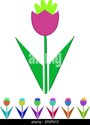 Stilisierte lila und orangene Blüte mit grünen Blättern und Stiel, mit einfachen geometrischen Formen, isoliert auf weißem Hintergrund, symbolisiert die Natur Stock Vektor