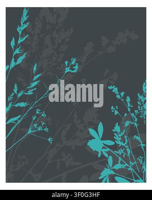 Silhouetten von Wildwiesen-Gras und botanischen Formen als Hintergrund für Corporate-Cover-Design, Posterdruck und modernes Verpackungspapier, dunkle Kohle und Tu Stock Vektor