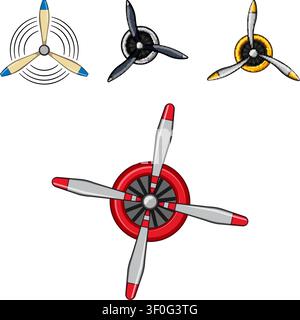 Sammlung von Flugzeugpropellern in verschiedenen Stilen, Klingenzahlen und Farben, isoliert auf weiß, um Flugzeugantriebsteile, Design und Mech zu präsentieren Stock Vektor