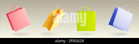 Realistisches Geschenktüten-Mockup mit Henkeln, 3D-Vektor-Handtaschenillustrationen isoliert auf transparentem Hintergrund. Einkaufstaschen-Vorlagen für Einzelhandelsbranding, Modepackaging-Design Stock Vektor