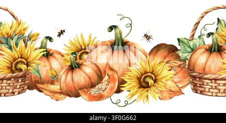 Aquarell-Kürbis und Sonnenblumen nahtlose Bordüre, Herbst-Ernte-Muster isoliert auf weißem Hintergrund. Orangefarbene Blätter, geflochtener Korb, Hummeln Stockfoto
