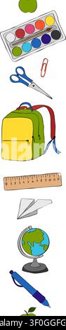 Rück-zur-Schule-Themenrand. Bildung Grundschule vertikale nahtlose Bordüre farbige handgezeichnete Illustration. Vektor-Grafik-Linien-Tinten-Kunst. Für l Stock Vektor