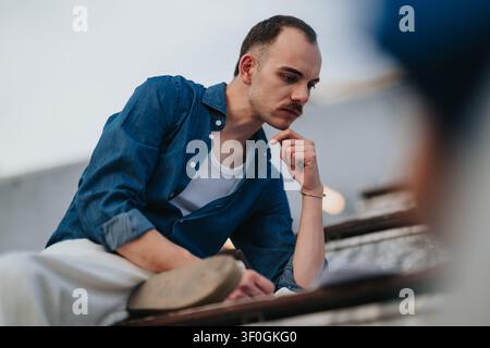 Nachdenklicher junger Geschäftsmann in Denimhemd, der arbeitet und nachdenkt, während er Notizen im Freien durchsieht Stockfoto