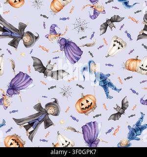 Nahtloses Muster für Halloween. Wiederhole den Hintergrund mit Zauberer, Fee oder Hexe auf Besenstiel, Spinne und Kürbis, Süßigkeiten. Handgezeichnet Stockfoto