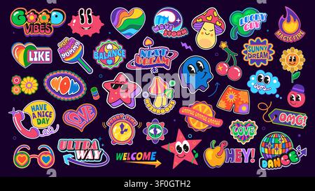 Funky groovy Y2K-Aufkleber, lustige Patch-Etiketten mit Vektor-Retroformen und Cartoon-Lächeln-Emoji. Coole Blume, Hippie-Regenbogenherz, Sonnenbrille, Wolken- und Sternencharaktere, WOW- und OMG-Aufkleber-Set Stock Vektor