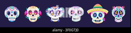 Mexikanisches Tag-des-Todes-Fest calavera-Zuckerschädel. Dia de los Muertos-Feiertagsschädel-Set mit traditionellem Mariachi und Catrina-Calaca-Skelettköpfen zur Feier. Mexiko-Halloween-Schädel-Kunst Stock Vektor