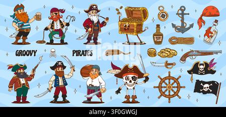 Cartoon-groove-Korsaren- und Piratencharaktere-Set. Vektor-bärtiger Kapitän, Skipper und Matrosen. Skelett-Rover, Schatzkiste, Schwerter, Anker, Schiffsrad, Rumflasche mit lustiger und abenteuerlicher Y2K-Atmosphäre Stock Vektor