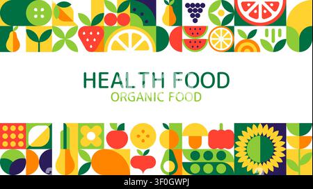 Banner mit biologischen Lebensmitteln, Obst und Gemüse mit geometrischem Muster. Mosaik-Horizontalbanner mit Blockobst, Gemüse und Beeren. Grün, orange, gelbes veganes Poster Stock Vektor