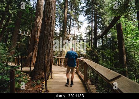 Mann geht auf einem hölzernen Hängebrückensteg in einem Wald Stockfoto