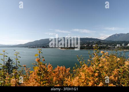 Panoramablick auf die Bucht einer Küstenstadt mit Bergen und Herbstlaub Stockfoto