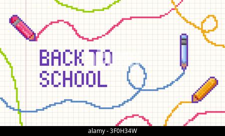 Zurück zur Schule Pixelkunsthintergrund mit weißem Papier Notizblatt, Bleistift und handgezeichneten Farblinien, Bildbanner. Vector 8-Bit-Poster im Spielstil für die Grundklasse. Farbenfrohes Mosaikdesign Stock Vektor