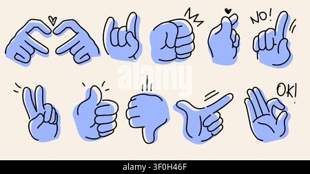 Doodle-Handgesten-Symbole-Set isoliert auf Hintergrund. Vektorillustration von menschlichen Handflächen und Fingern in verschiedenen Positionen, Gebärdensprache, Linienkunst-Frieden, Daumen hoch, Daumen ab und Fauststoß, Liebessymbole Stock Vektor