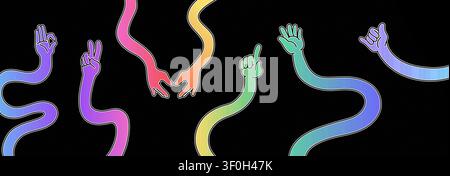 Flexible lange Arme mit Handgesten, isoliert auf Schwarz. Vektorillustration von regenbogenfarbenen menschlichen Handflächen und Fingern, die Gebärdensprache zeigen, Doodle-Herz, Hallo-, Ok- und Siegesgrüße Stock Vektor